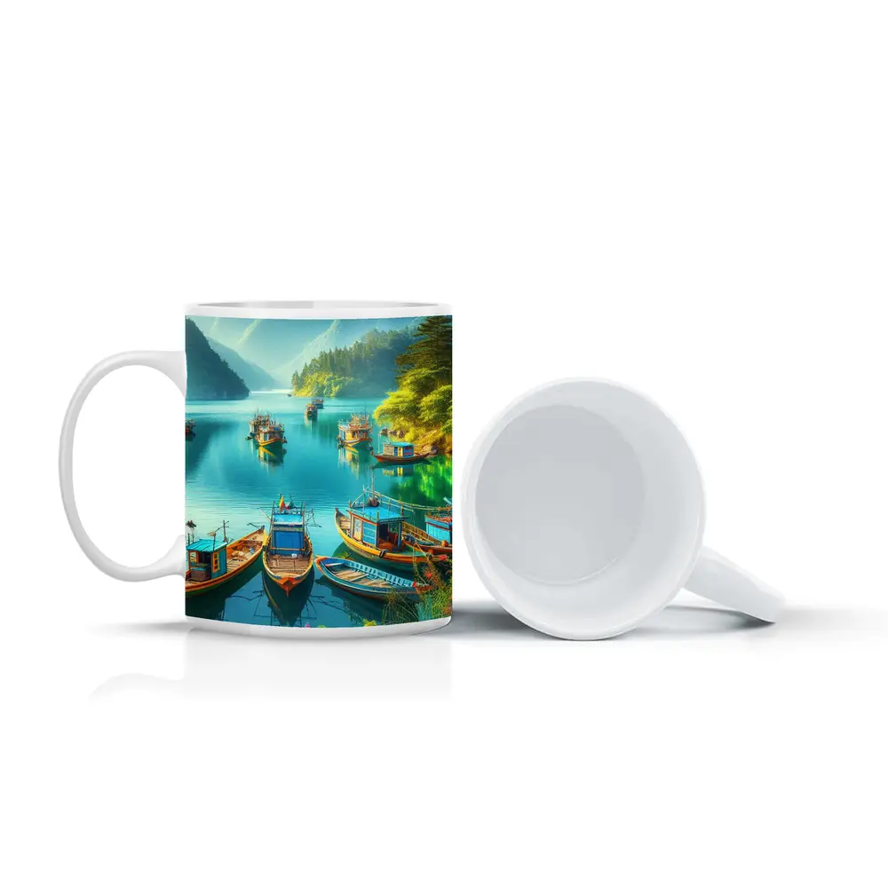 Colorful Fishing Boats Turquoise Mountain Lake – Mugs