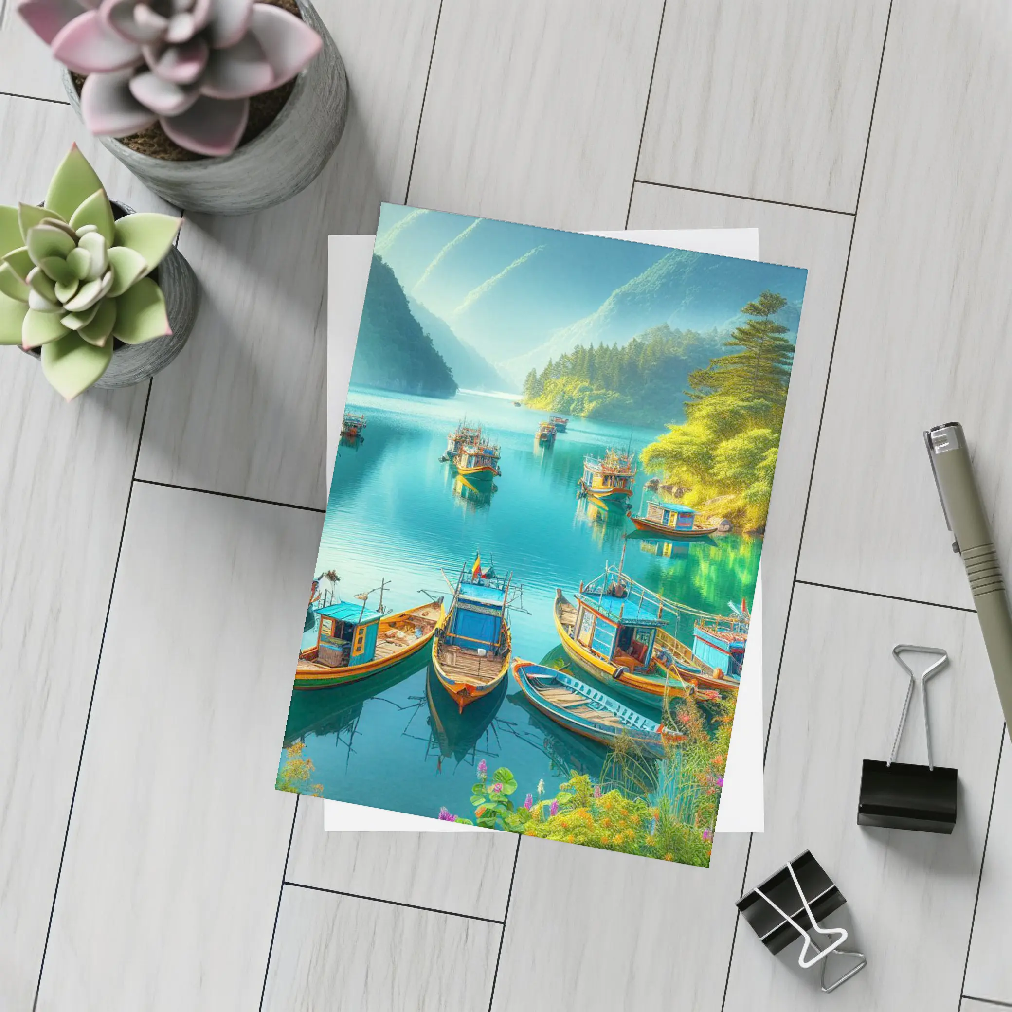 Colorful Fishing Boats Turquoise Mountain Lake – Postcards