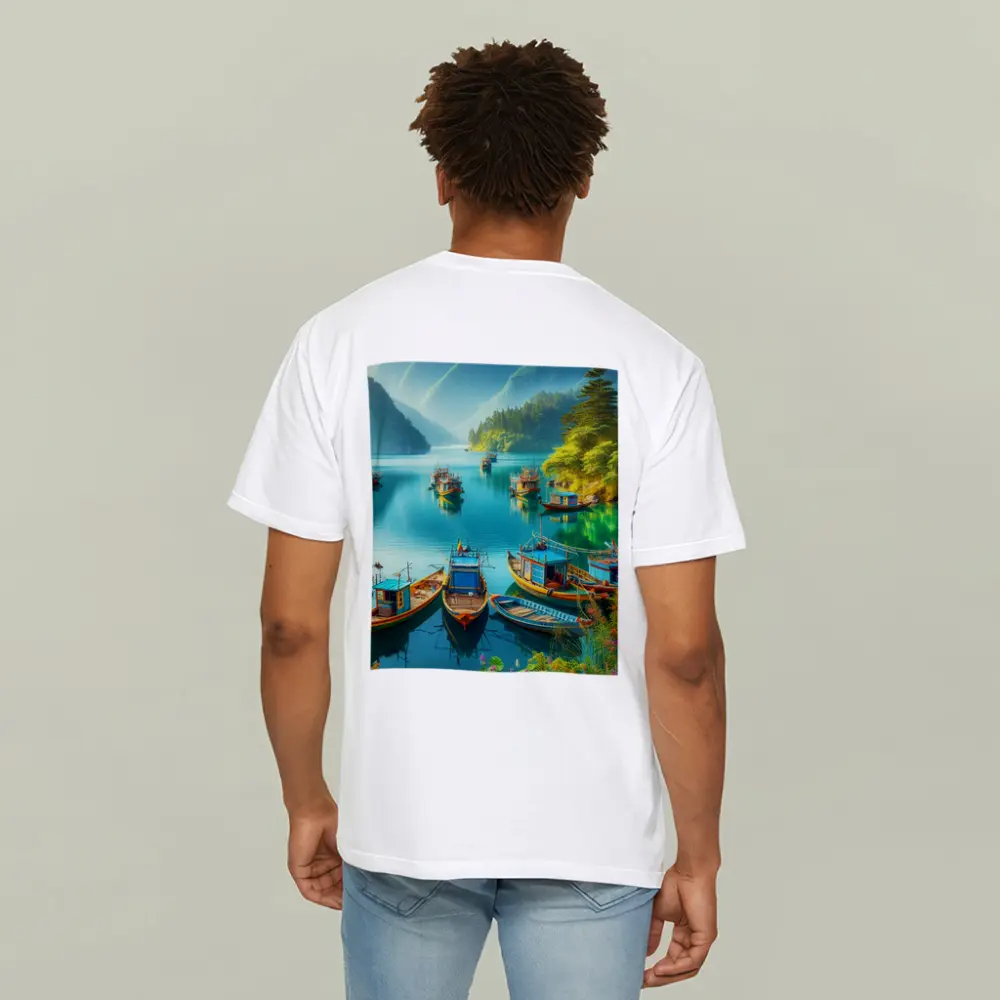 Colorful Fishing Boats Turquoise Mountain Lake – T-Shirts
