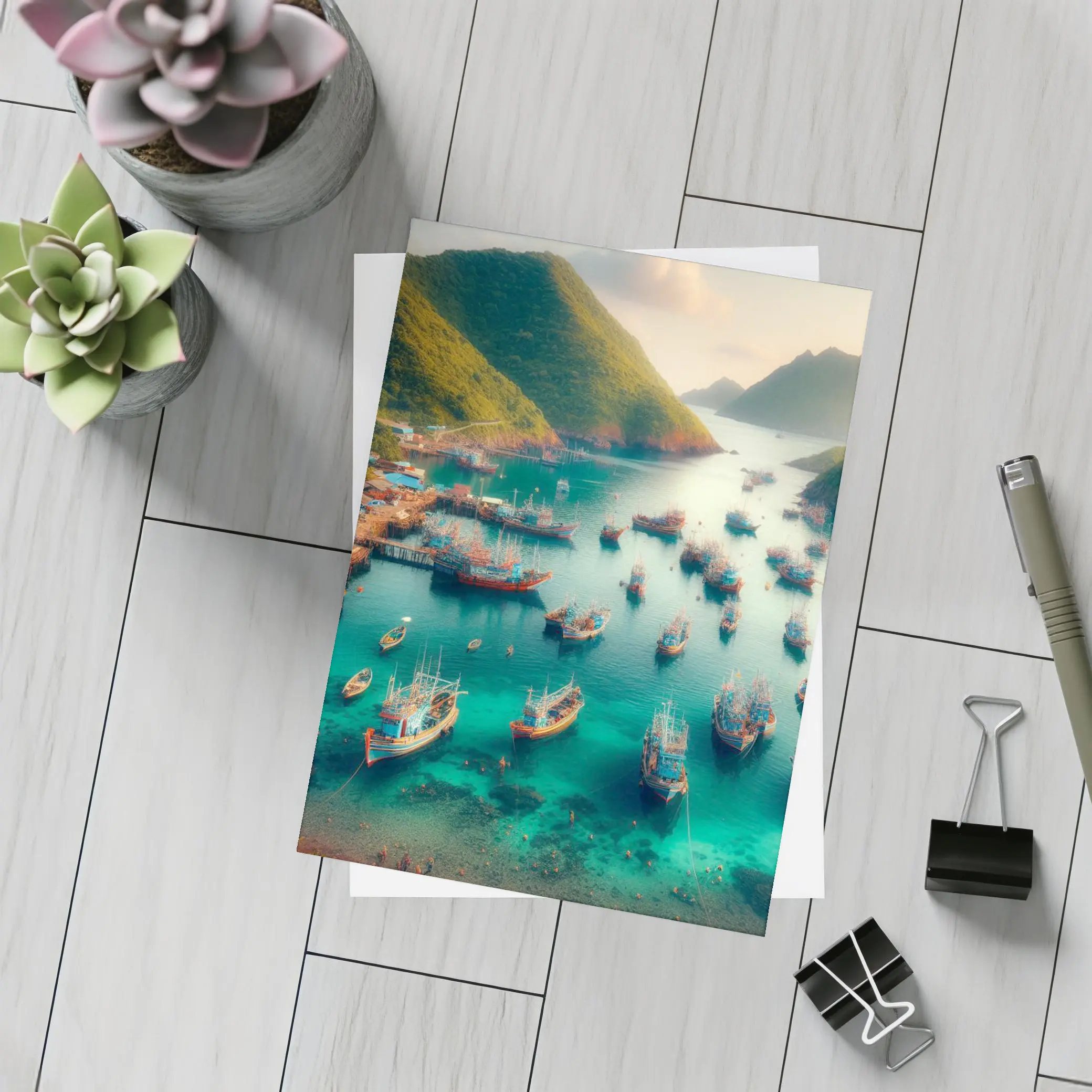 Fishing Boats Anchored in Tropical Bay – Postcards