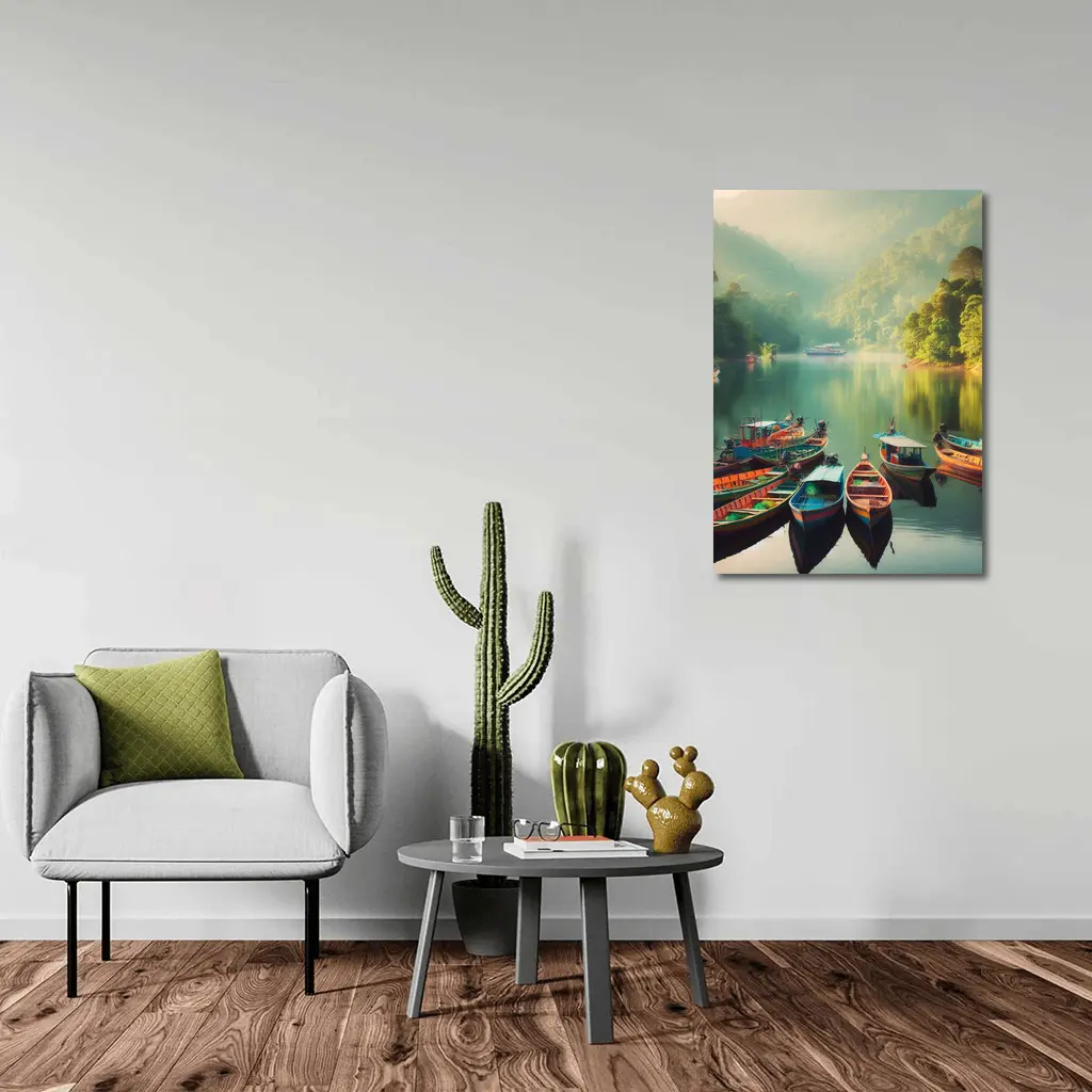 Colorful Boats on Misty Mountain Lake – Wall Art