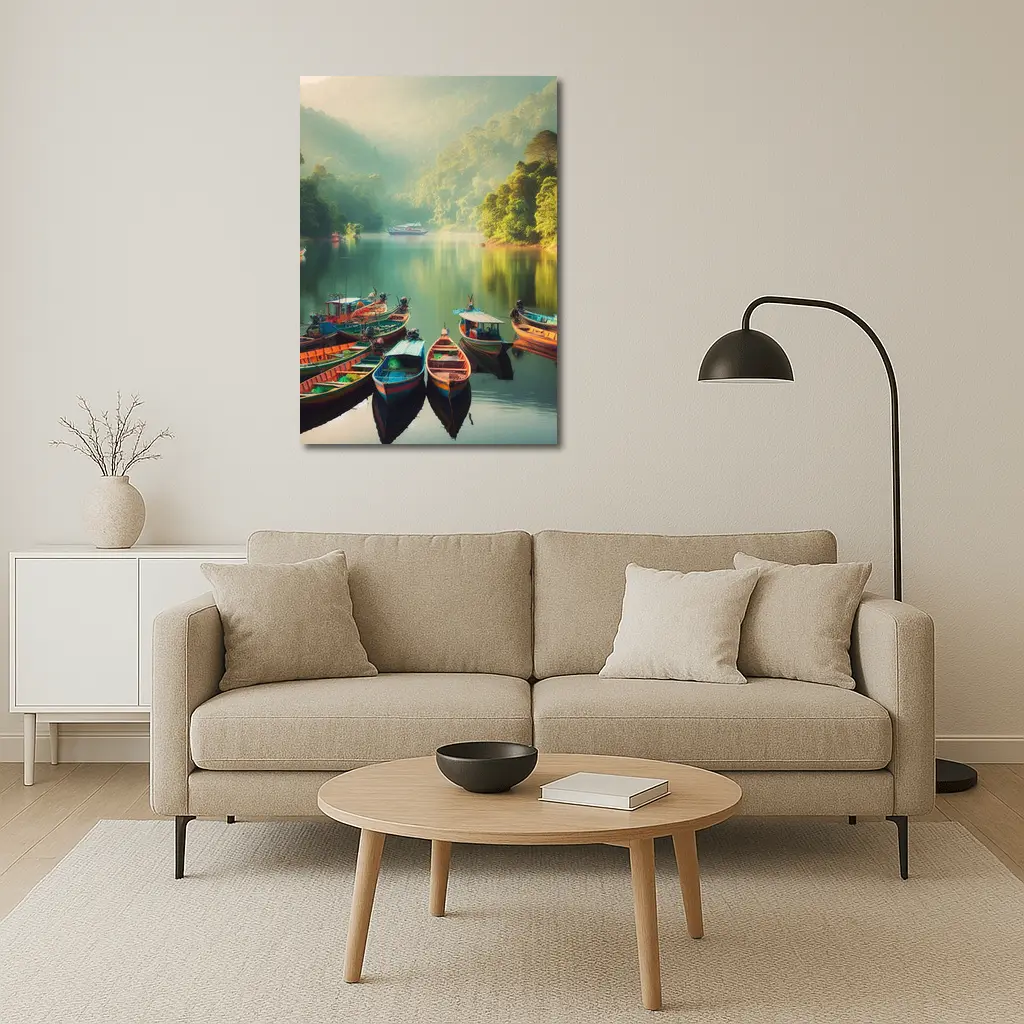 Colorful Boats on Misty Mountain Lake – Wall Art