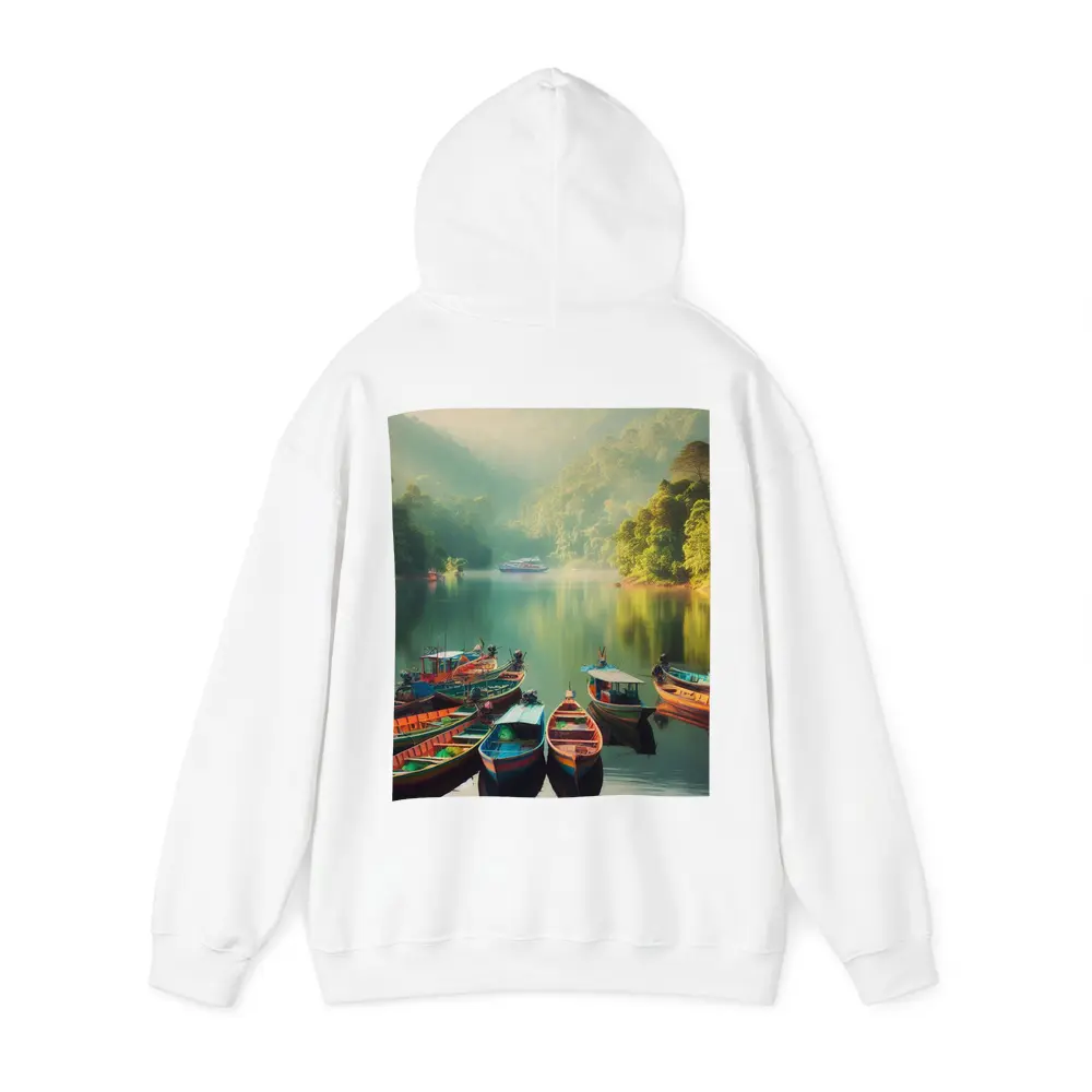 Colorful Boats on Misty Mountain Lake – Hoodies
