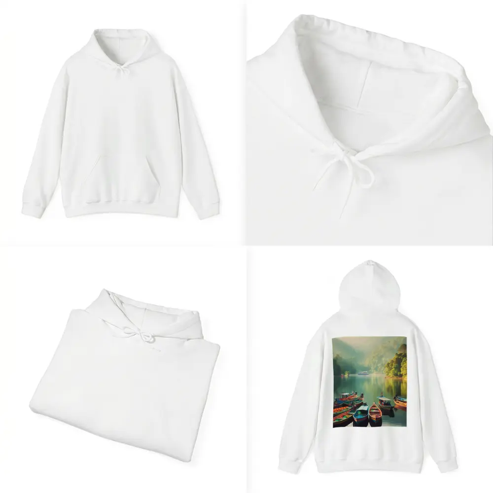 Colorful Boats on Misty Mountain Lake – Hoodies