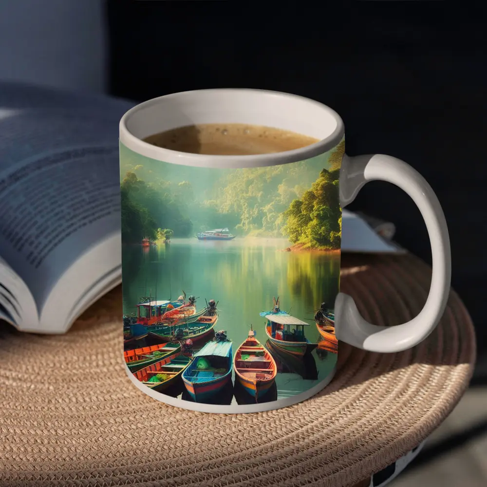 Colorful Boats on Misty Mountain Lake – Mugs
