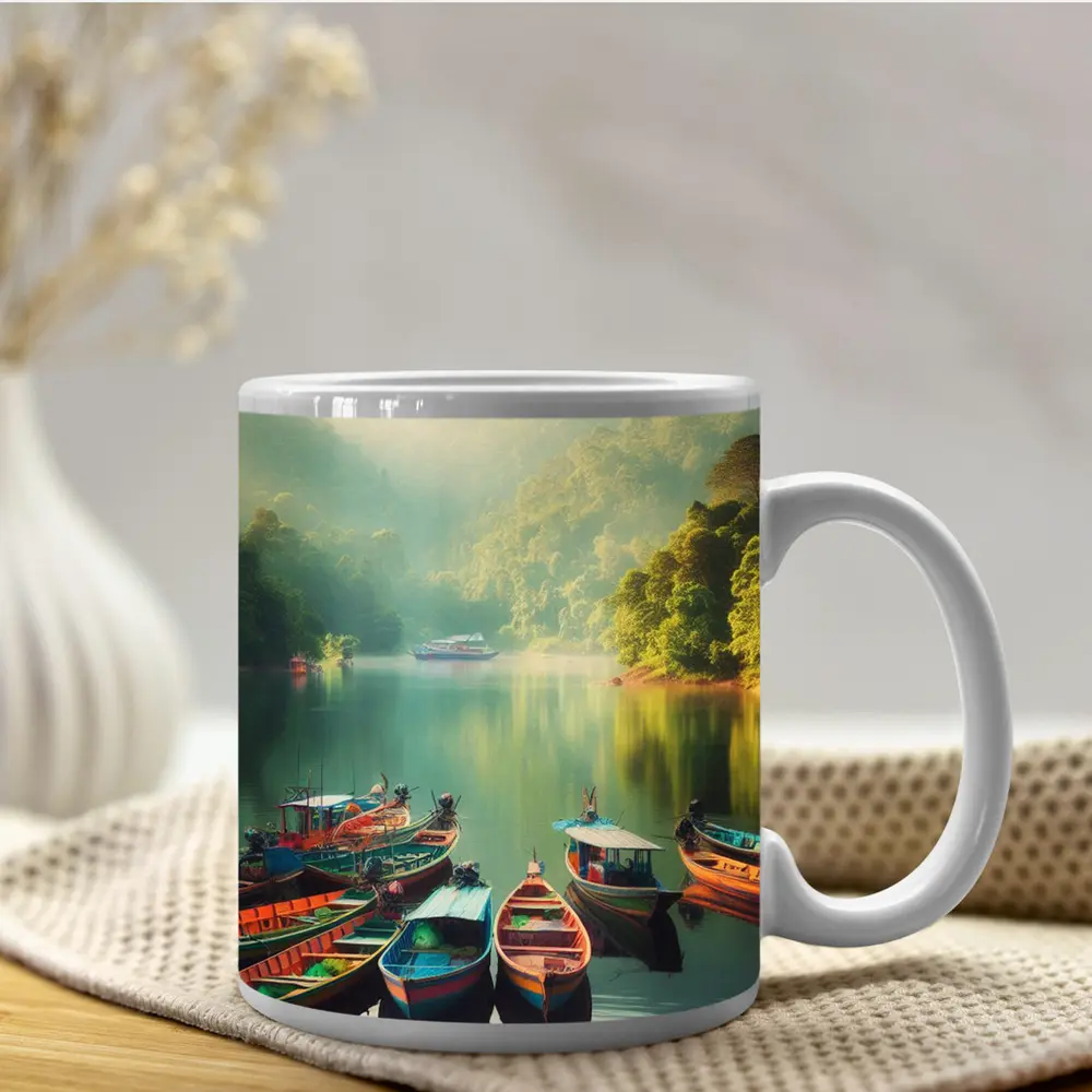 Colorful Boats on Misty Mountain Lake – Mugs