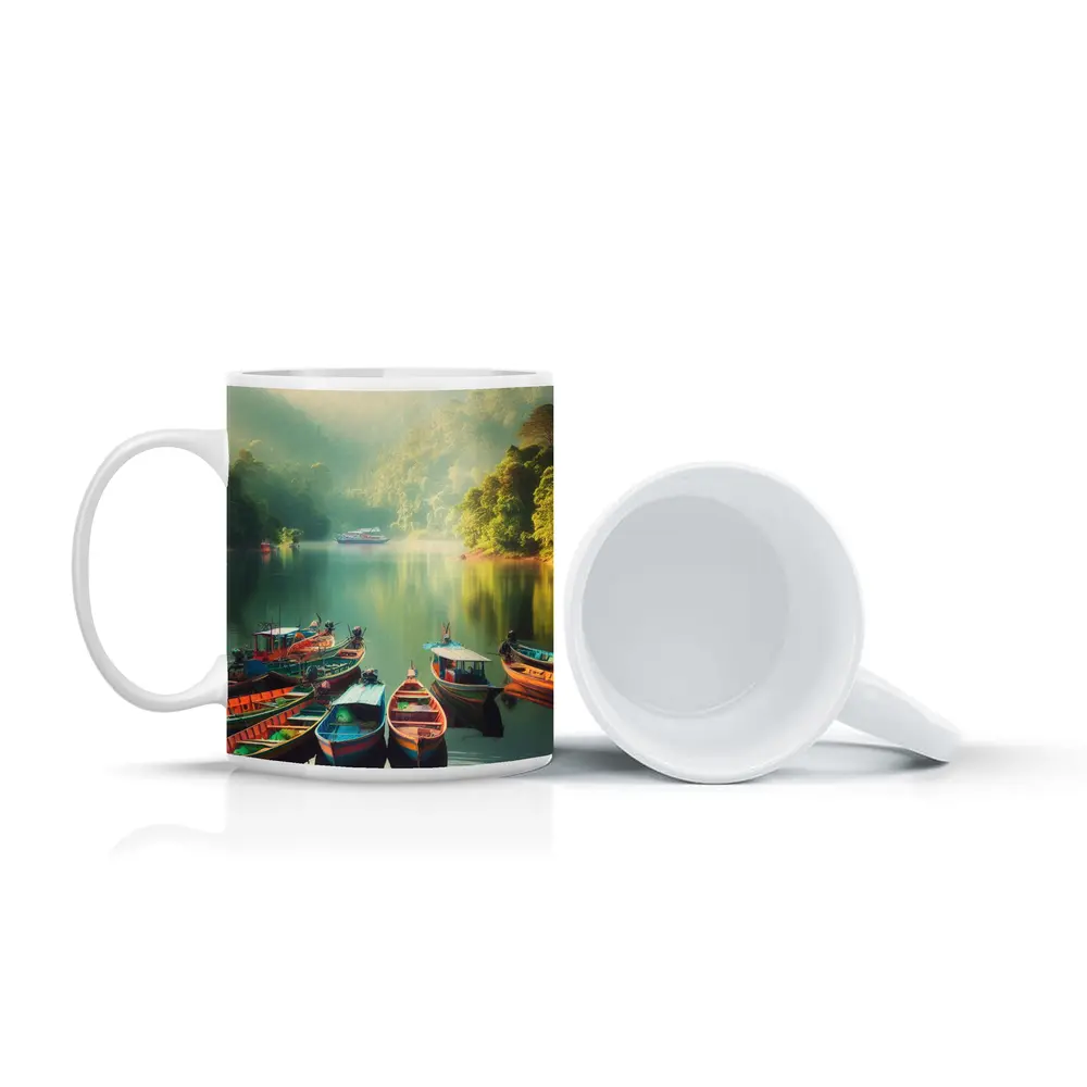 Colorful Boats on Misty Mountain Lake – Mugs