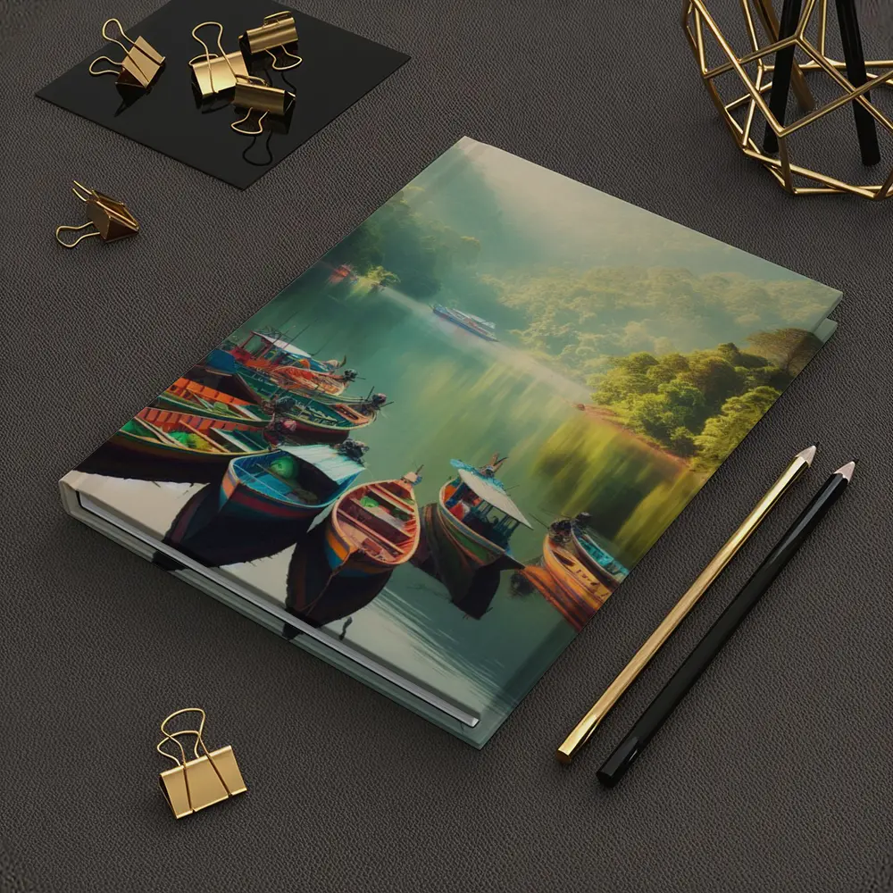 Colorful Boats on Misty Mountain Lake – Notebooks