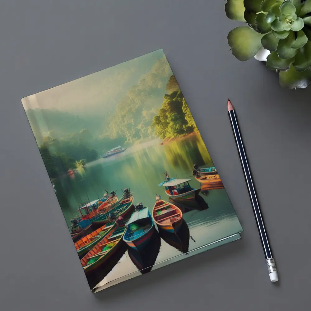 Colorful Boats on Misty Mountain Lake – Notebooks