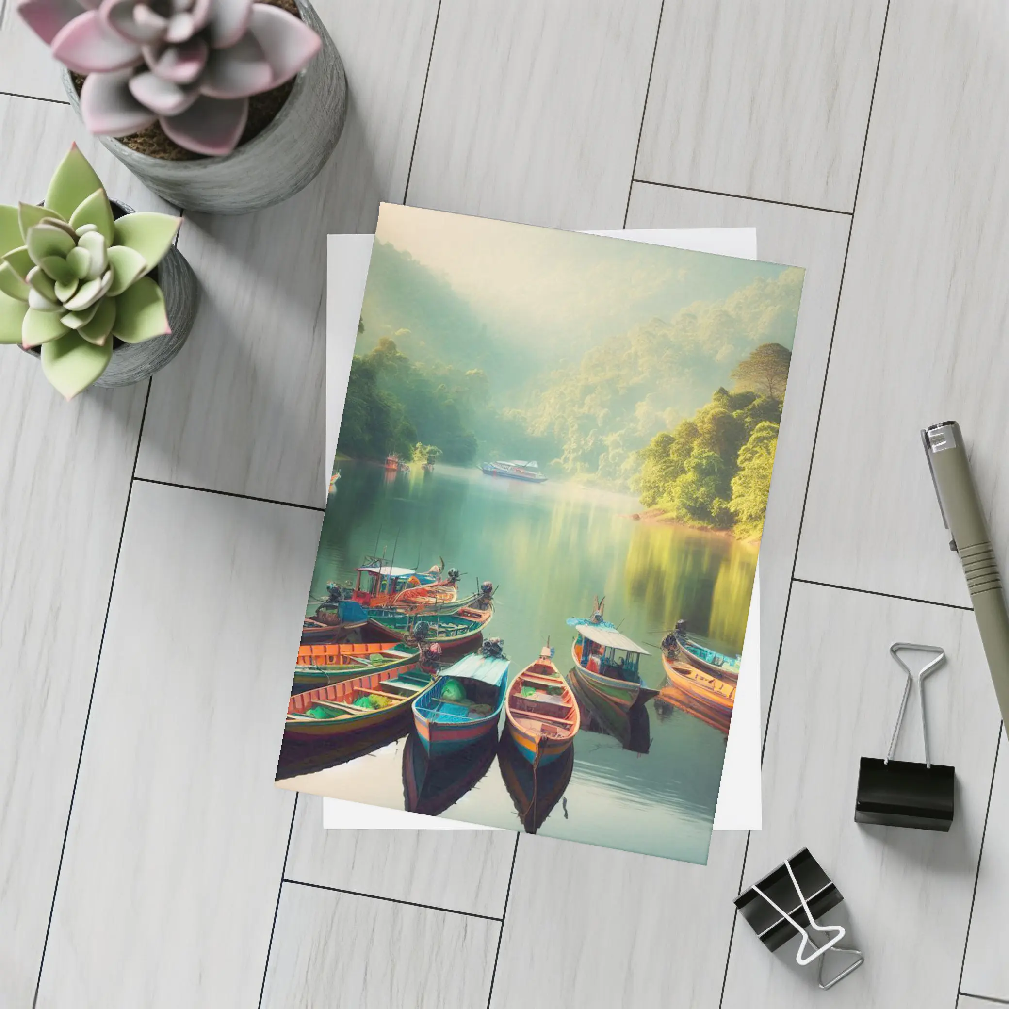Colorful Boats on Misty Mountain Lake – Postcards