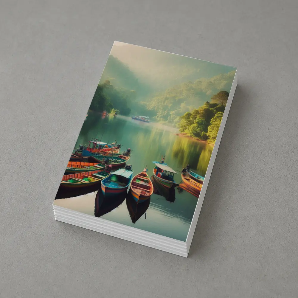 Colorful Boats on Misty Mountain Lake – Postcards