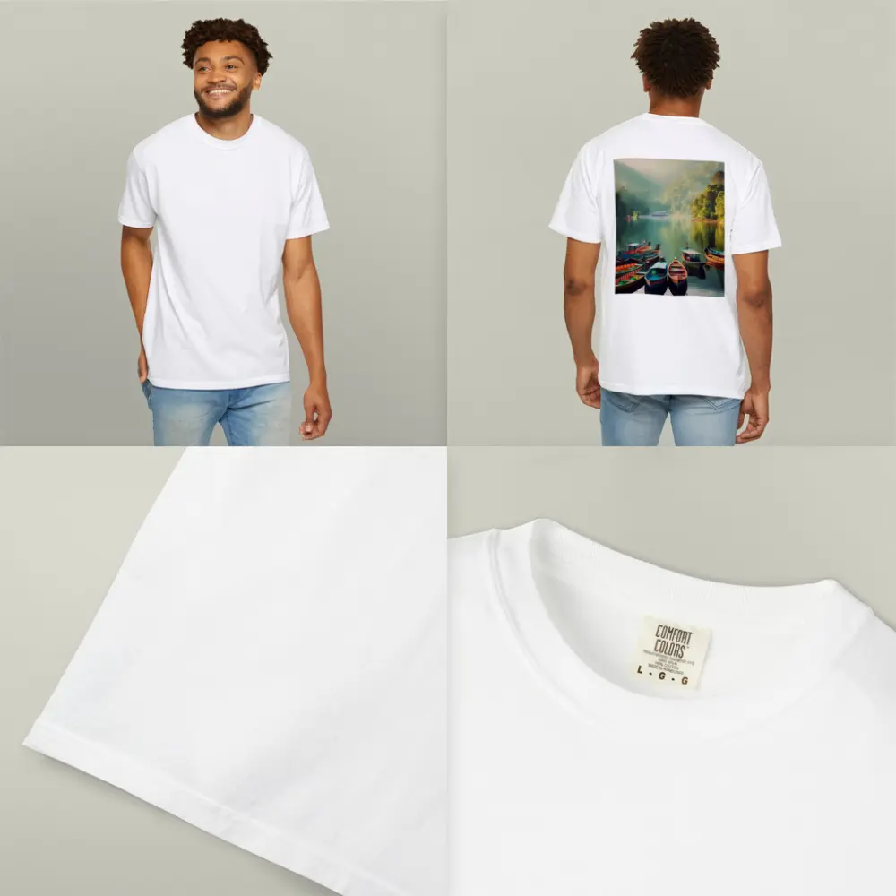 Colorful Boats on Misty Mountain Lake – T-Shirts