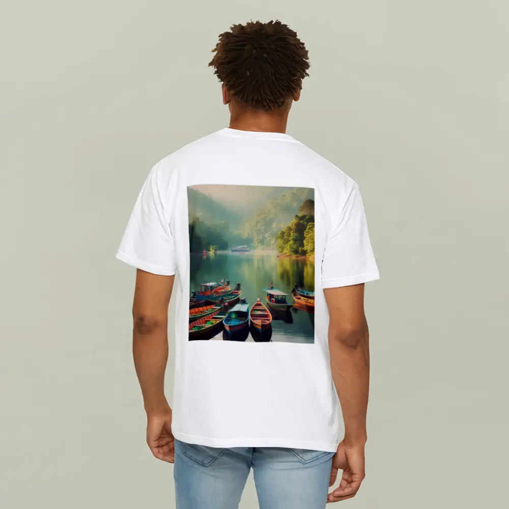 Colorful Boats on Misty Mountain Lake – T-Shirts