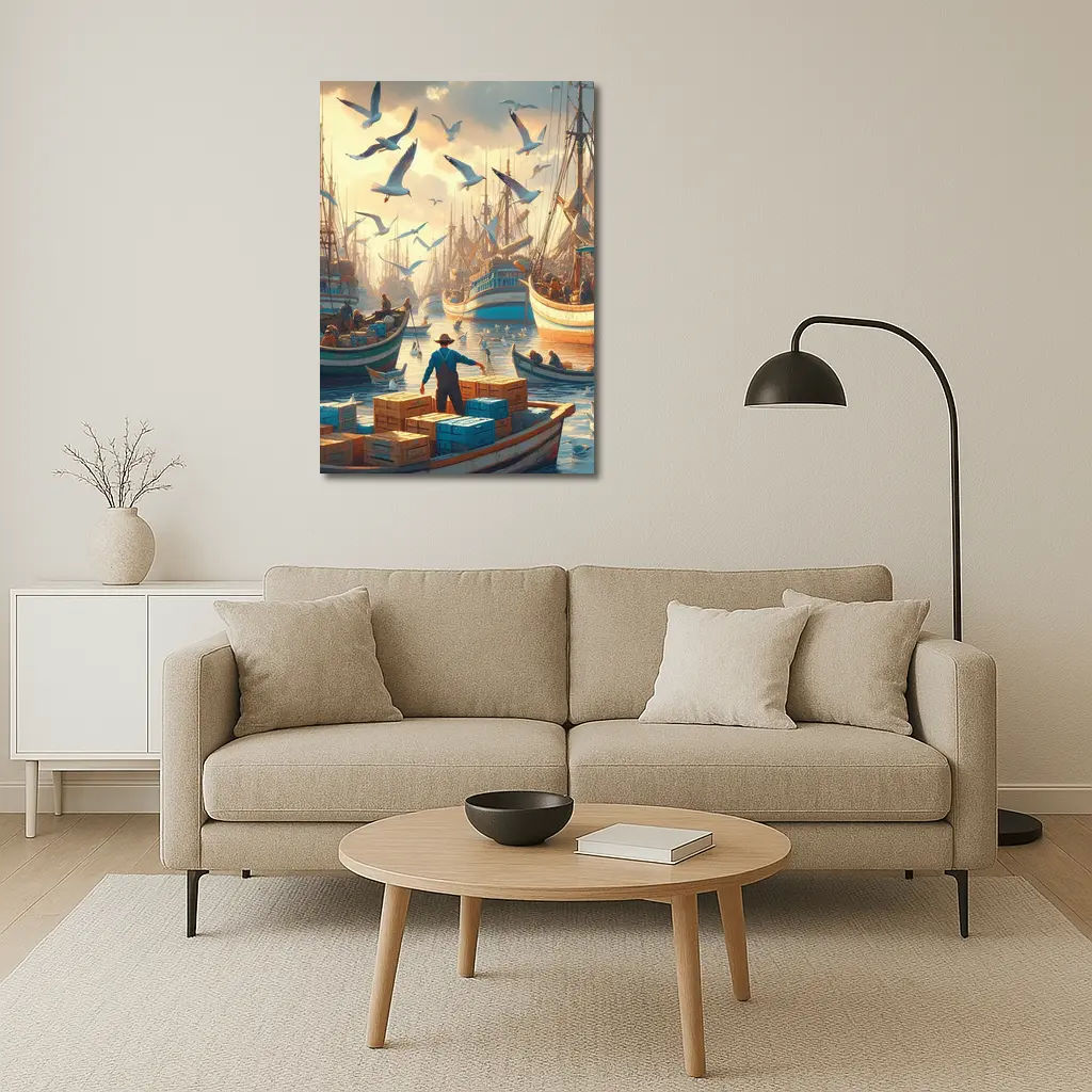 Fishing Boats Busy Harbor Seagulls Morning – Wall Art