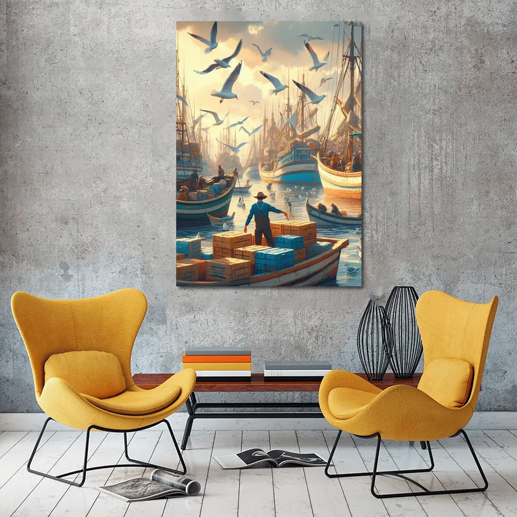 Fishing Boats Busy Harbor Seagulls Morning – Wall Art
