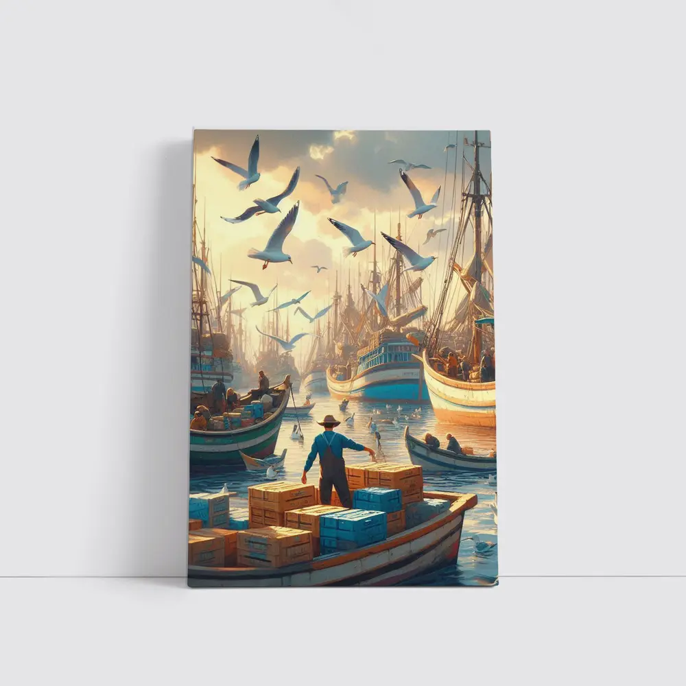 Fishing Boats Busy Harbor Seagulls Morning – Wall Art