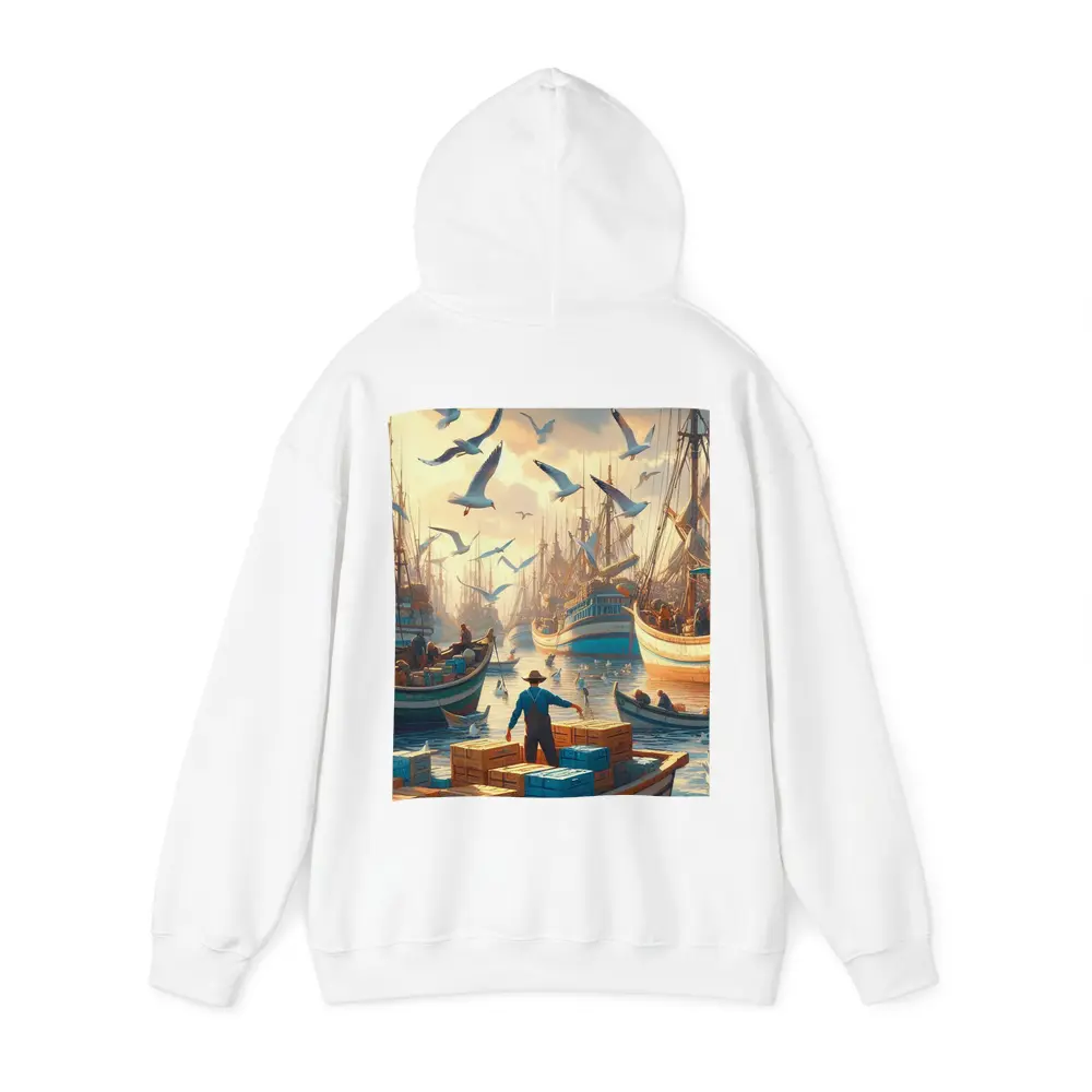 Fishing Boats Busy Harbor Seagulls Morning – Hoodies