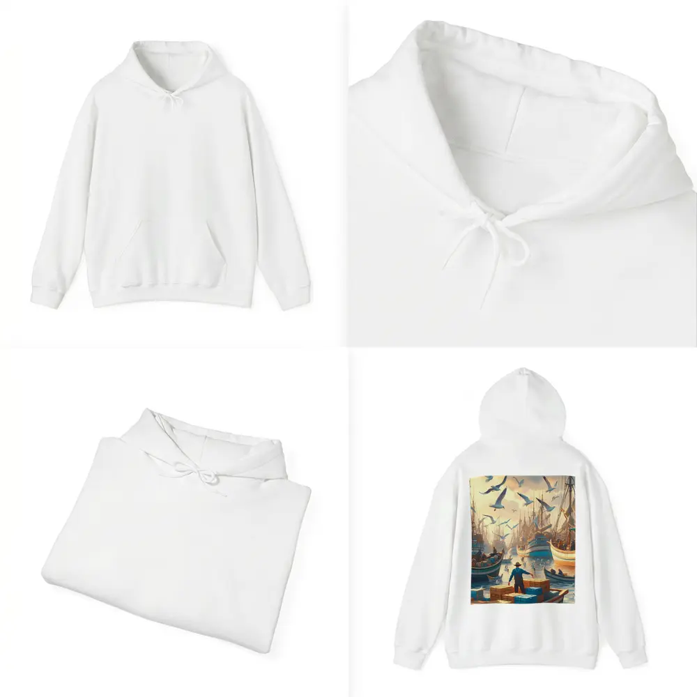 Fishing Boats Busy Harbor Seagulls Morning – Hoodies