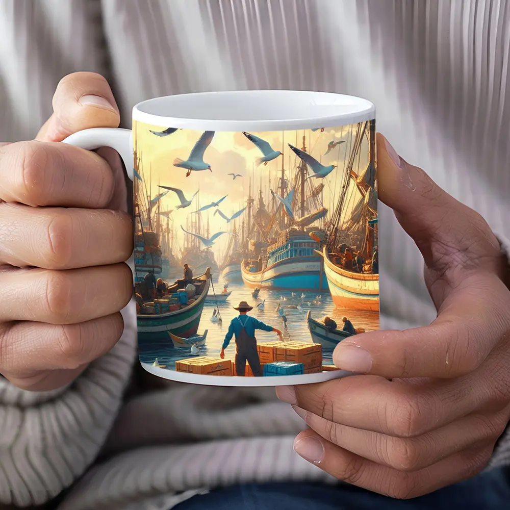 Fishing Boats Busy Harbor Seagulls Morning – Mugs