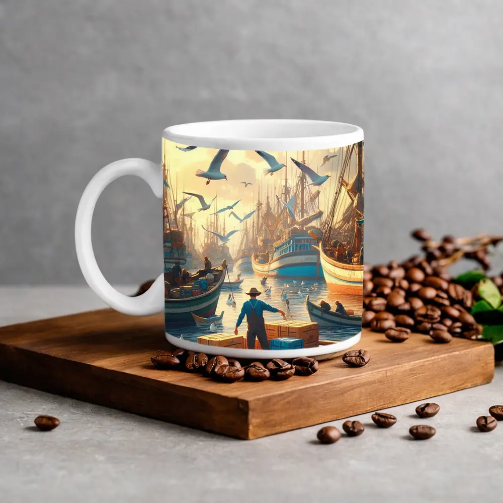 Fishing Boats Busy Harbor Seagulls Morning – Mugs