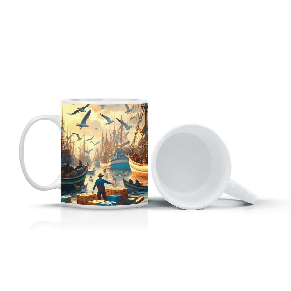 Fishing Boats Busy Harbor Seagulls Morning – Mugs