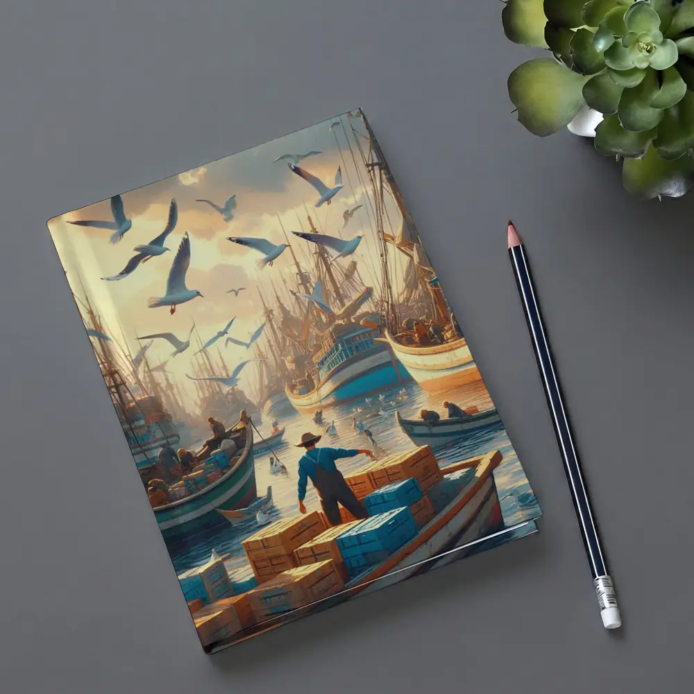 Fishing Boats Busy Harbor Seagulls Morning – Notebooks