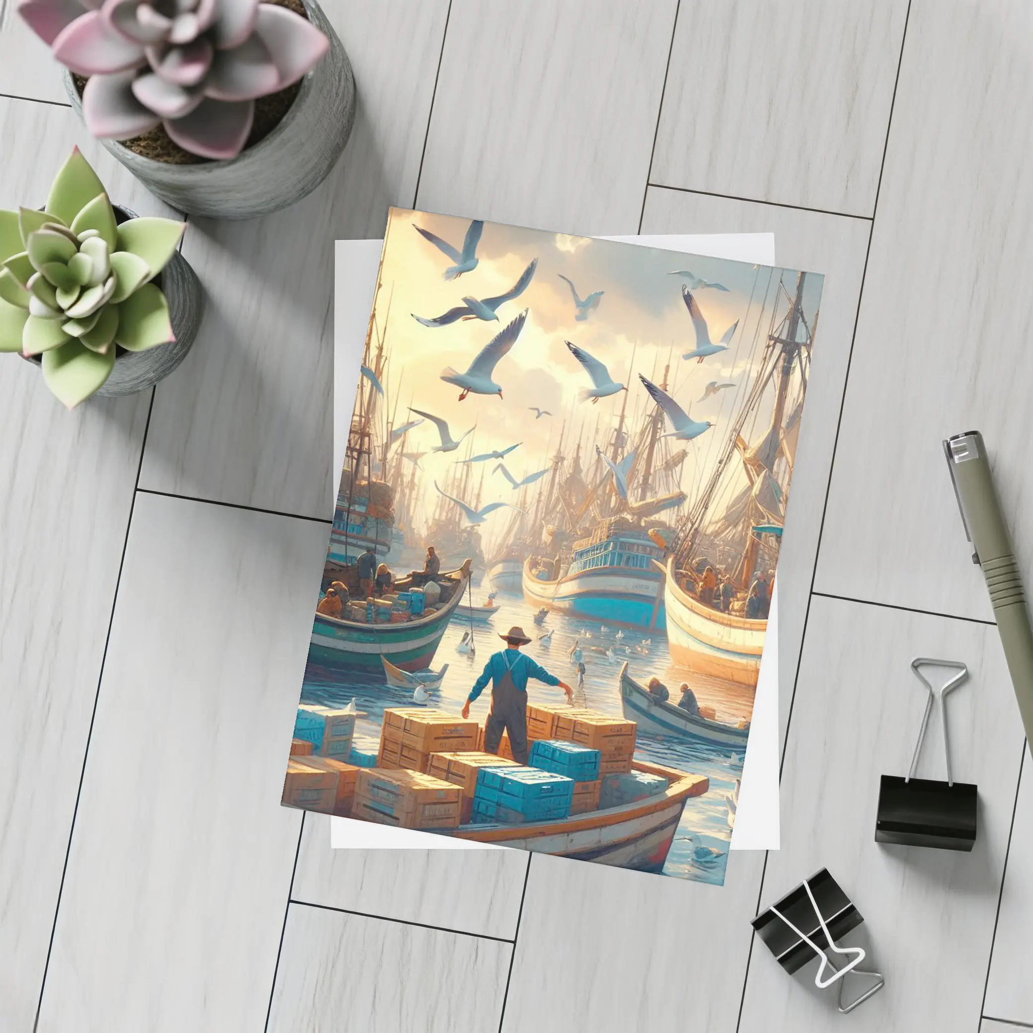 Fishing Boats Busy Harbor Seagulls Morning – Postcards
