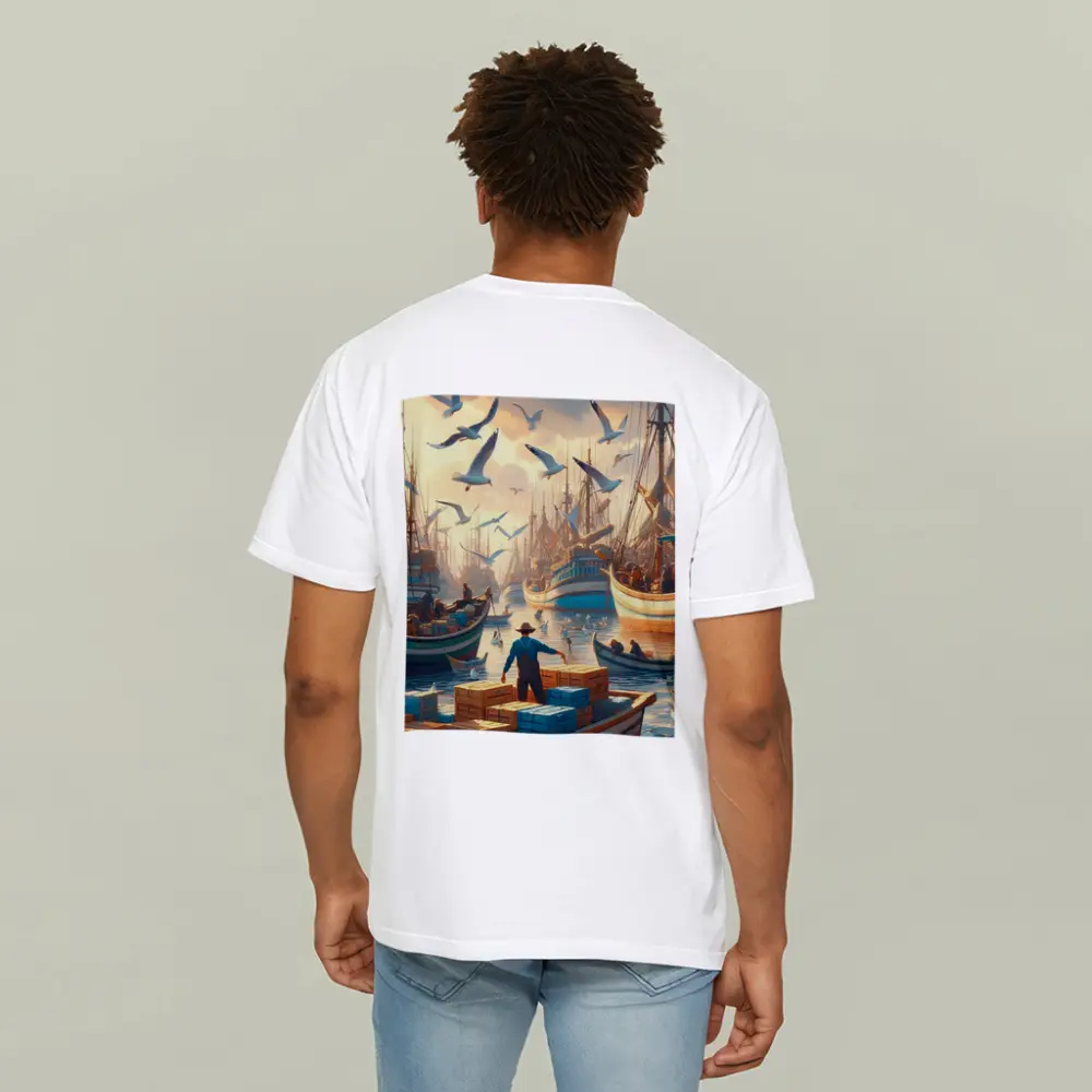 Fishing Boats Busy Harbor Seagulls Morning – T-Shirts