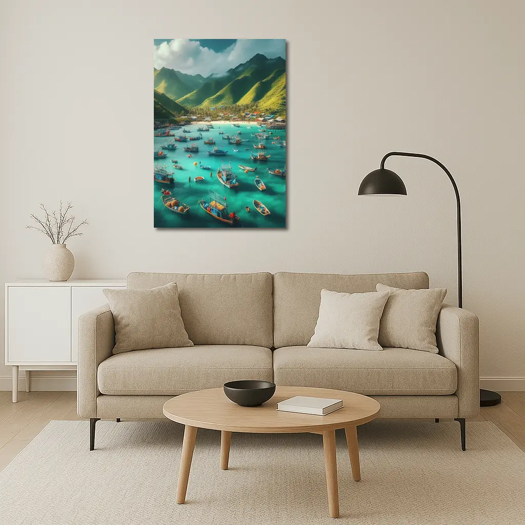 Fishing Boats Turquoise Bay Green Mountains – Wall Art