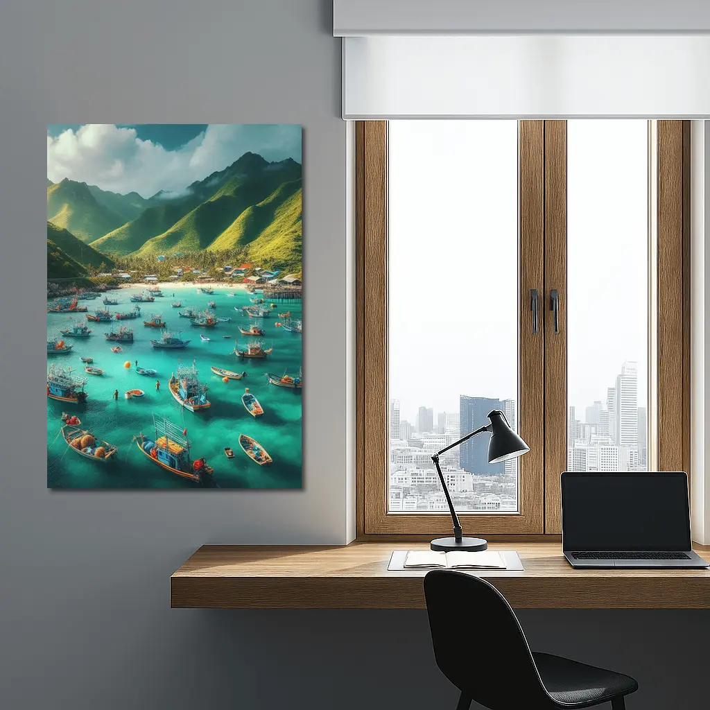 Fishing Boats Turquoise Bay Green Mountains – Wall Art