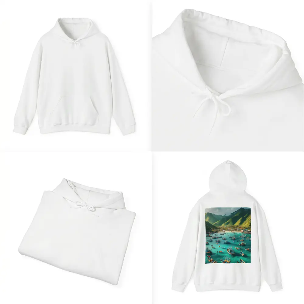Fishing Boats Turquoise Bay Green Mountains – Hoodies