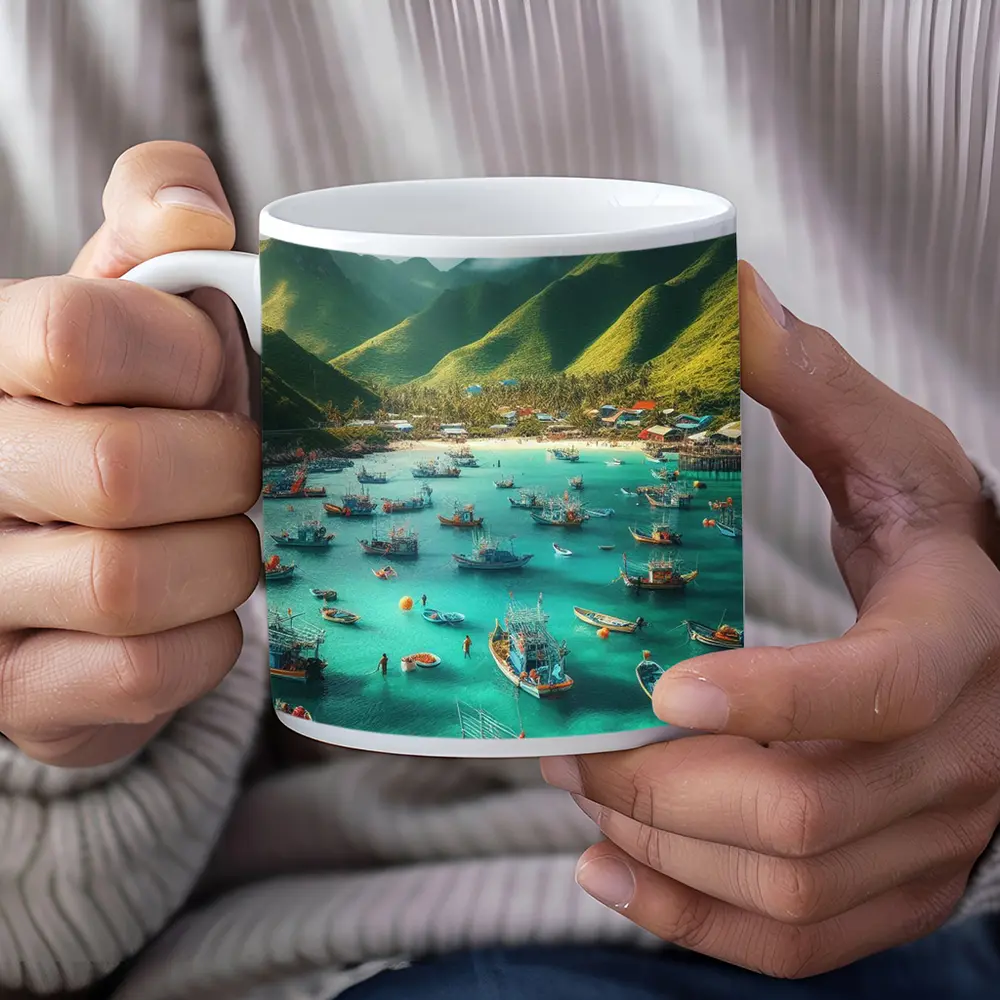Fishing Boats Turquoise Bay Green Mountains – Mugs