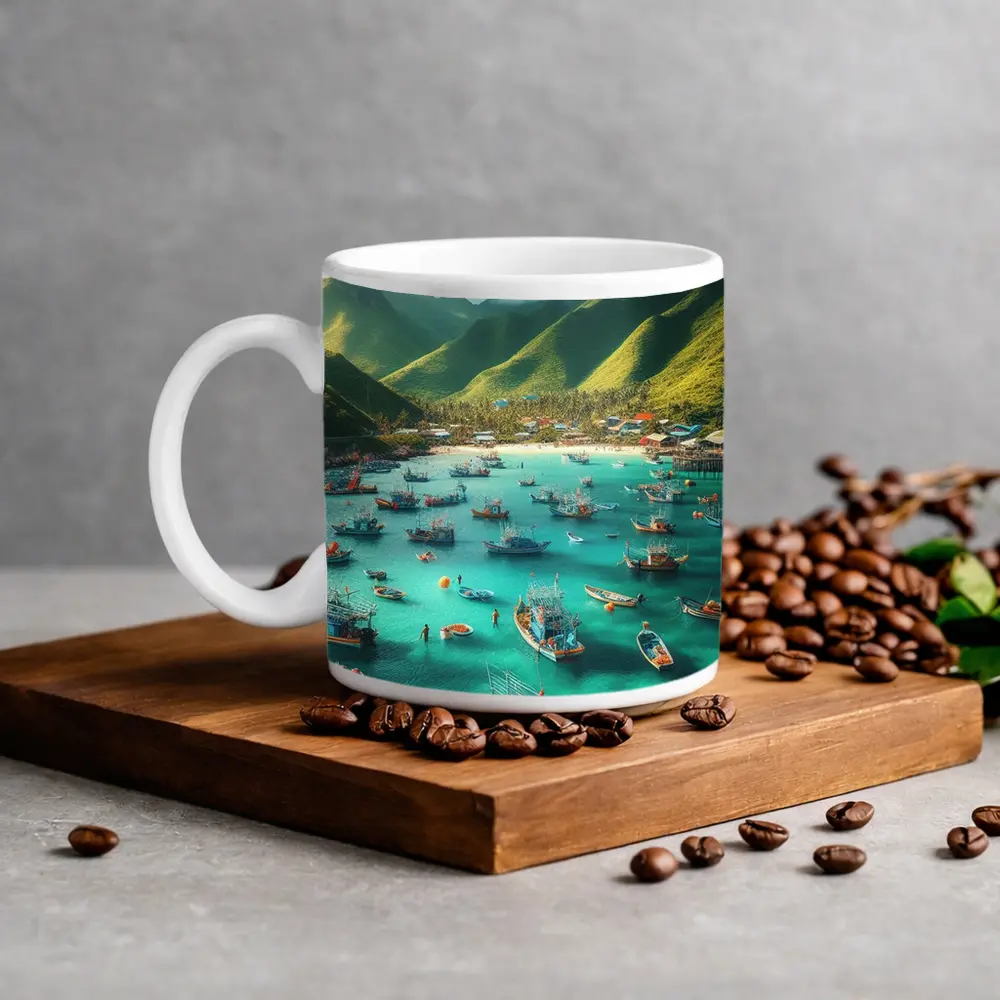 Fishing Boats Turquoise Bay Green Mountains – Mugs