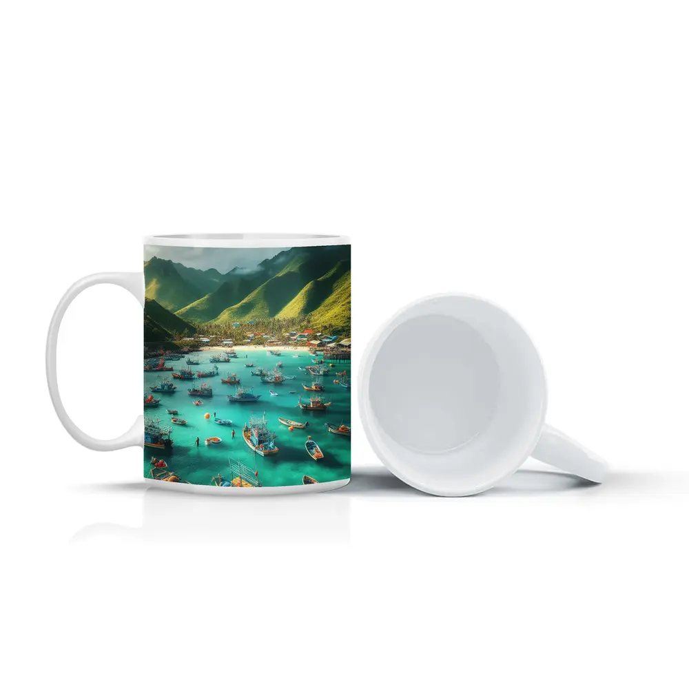 Fishing Boats Turquoise Bay Green Mountains – Mugs