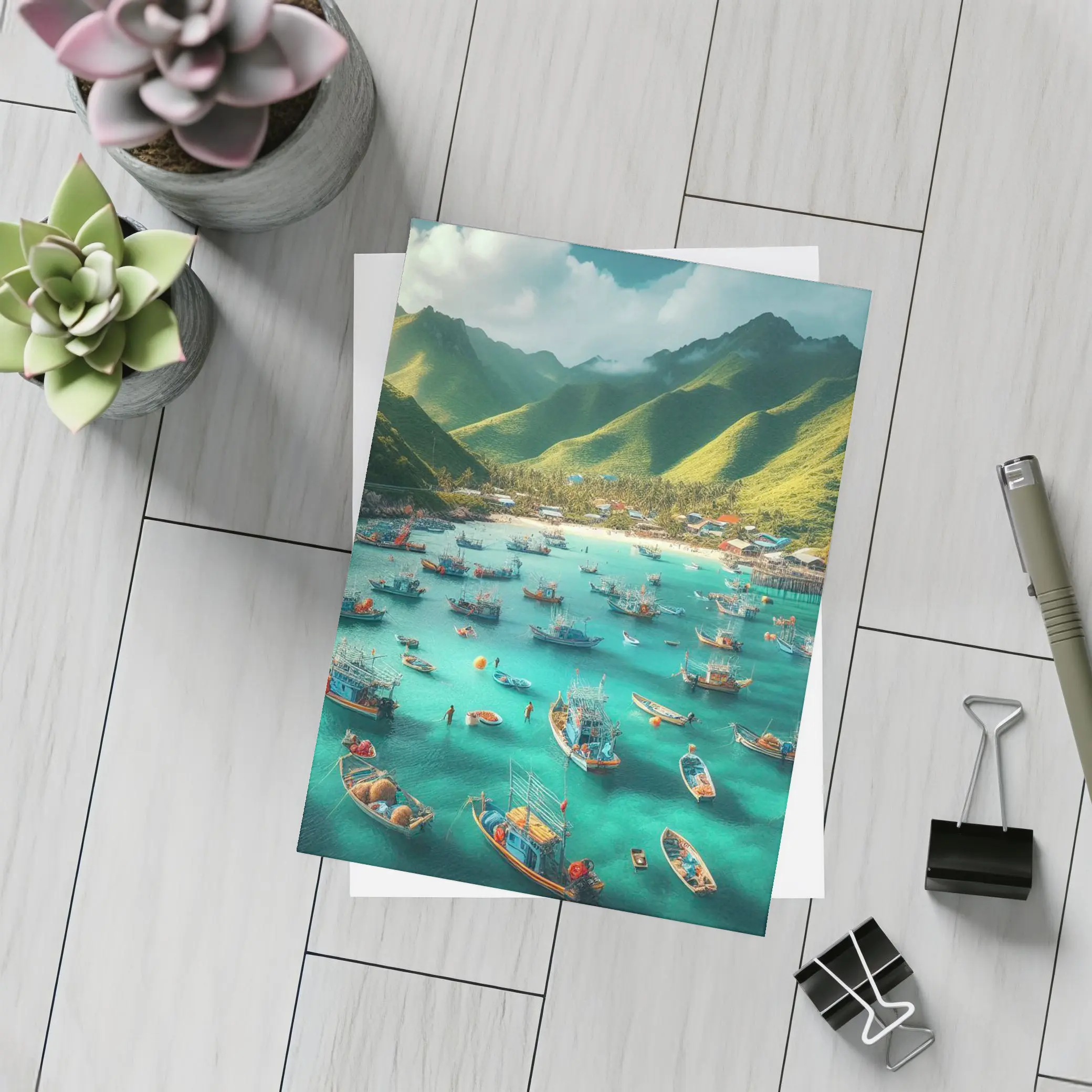 Fishing Boats Turquoise Bay Green Mountains – Postcards