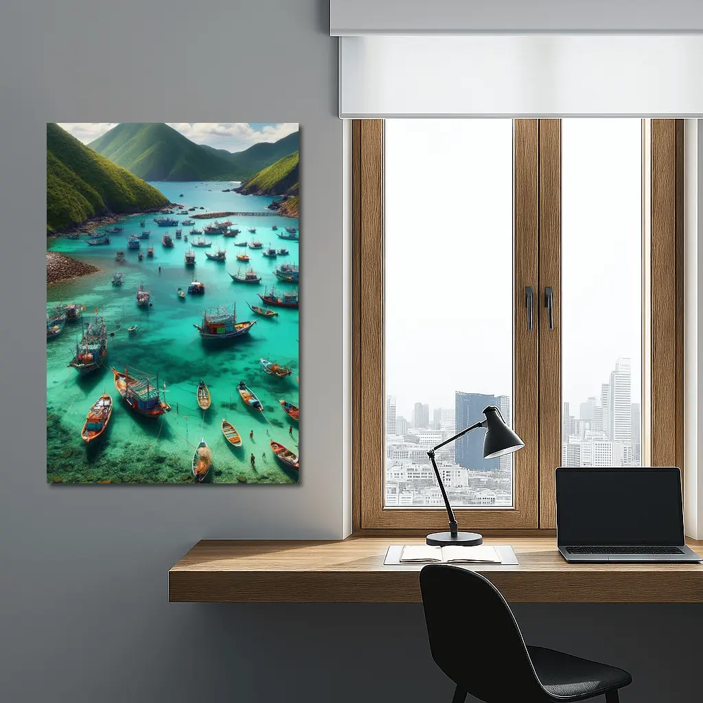 Colorful Fishing Boats Turquoise Bay Green Mountains – Wall Art