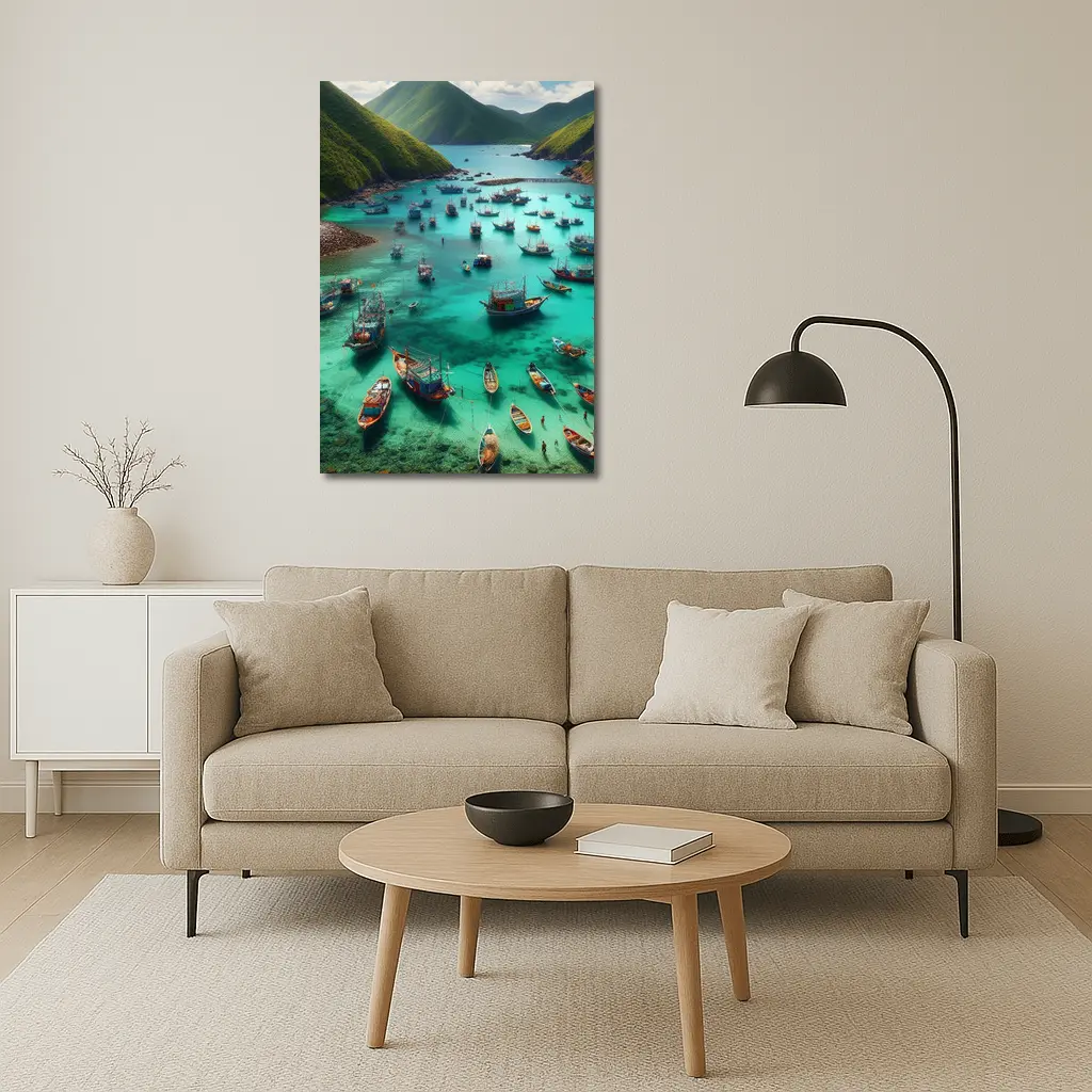 Colorful Fishing Boats Turquoise Bay Green Mountains – Wall Art