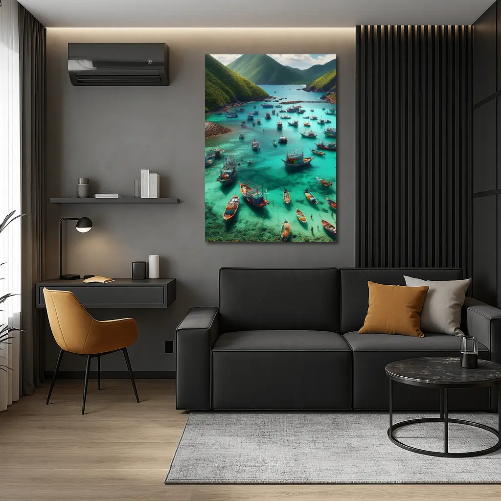 Colorful Fishing Boats Turquoise Bay Green Mountains – Wall Art