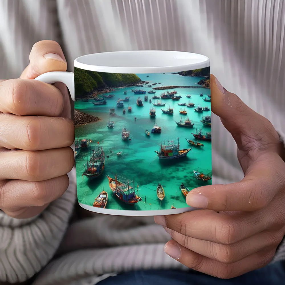 Colorful Fishing Boats Turquoise Bay Green Mountains – Mugs