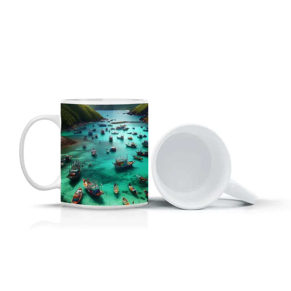 Colorful Fishing Boats Turquoise Bay Green Mountains – Mugs