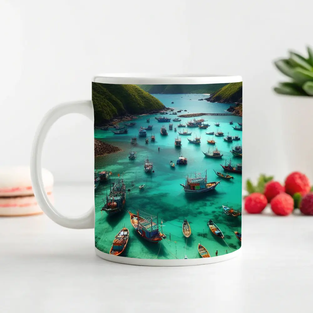 Colorful Fishing Boats Turquoise Bay Green Mountains – Mugs