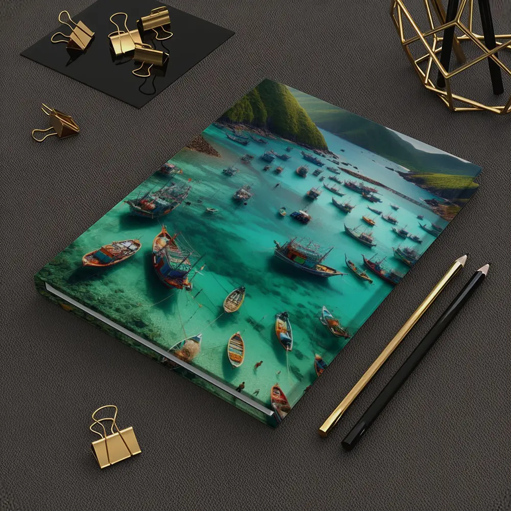 Colorful Fishing Boats Turquoise Bay Green Mountains – Notebooks
