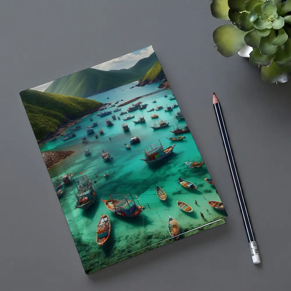 Colorful Fishing Boats Turquoise Bay Green Mountains – Notebooks
