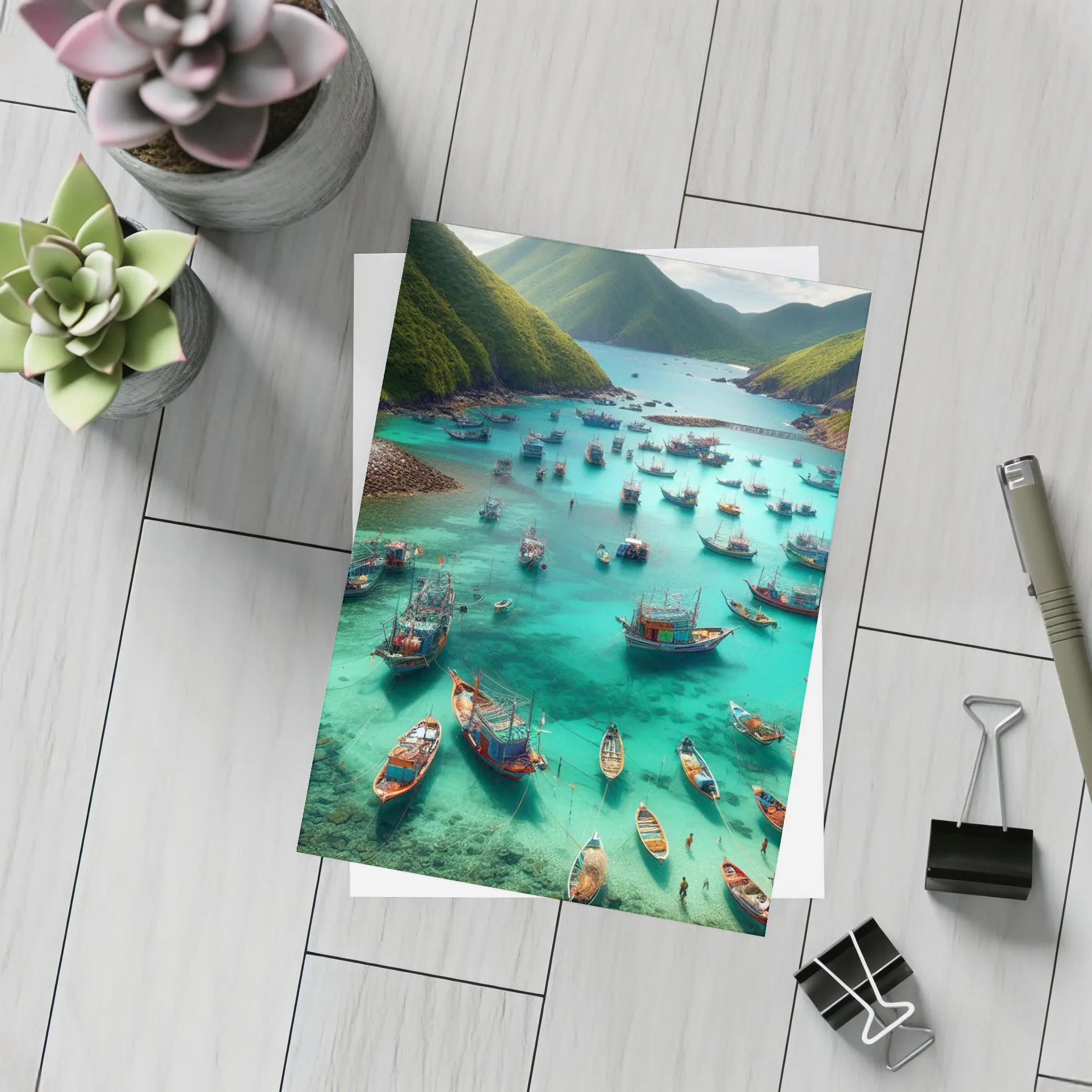 Colorful Fishing Boats Turquoise Bay Green Mountains – Postcards