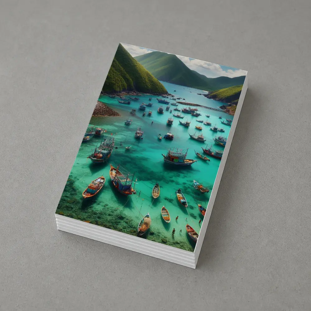 Colorful Fishing Boats Turquoise Bay Green Mountains – Postcards