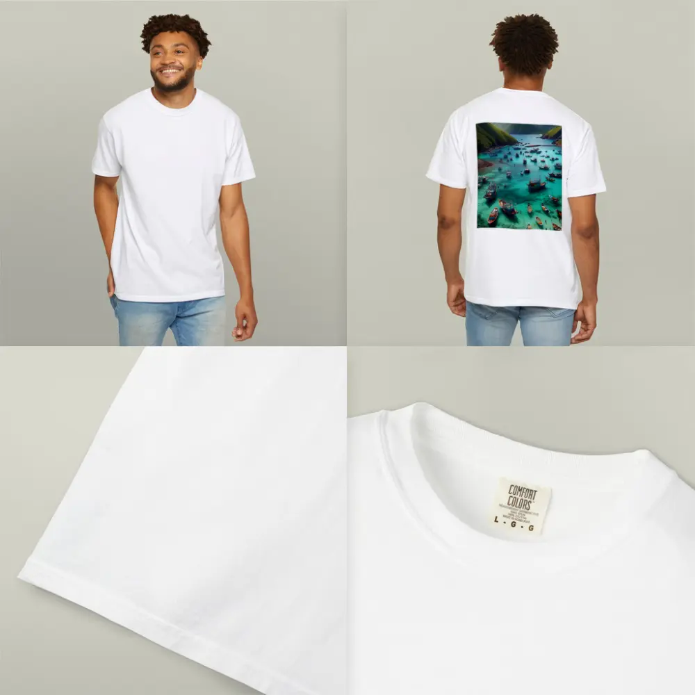 Colorful Fishing Boats Turquoise Bay Green Mountains – T-Shirts
