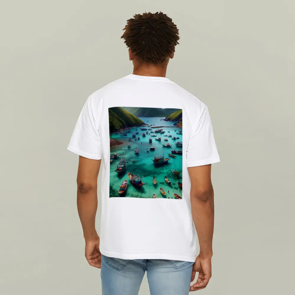 Colorful Fishing Boats Turquoise Bay Green Mountains – T-Shirts