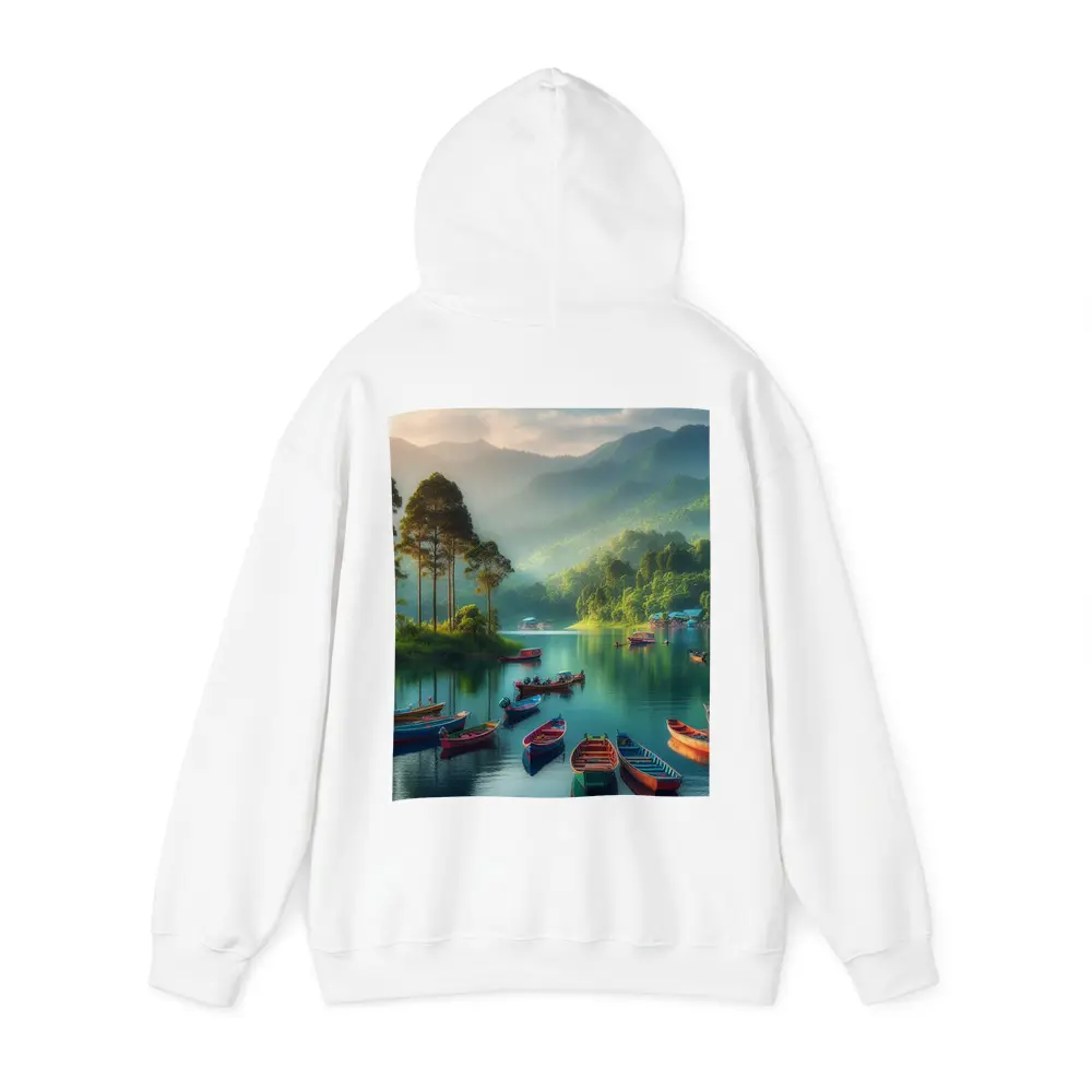 Colorful Boats on Calm Mountain Lake – Hoodies