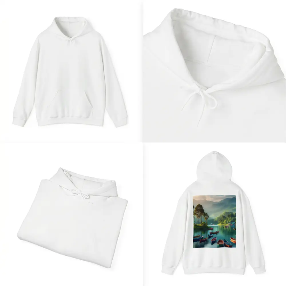 Colorful Boats on Calm Mountain Lake – Hoodies
