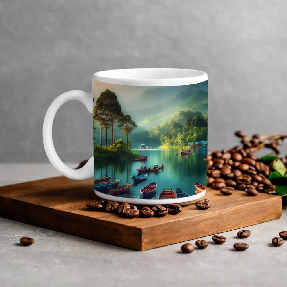 Colorful Boats on Calm Mountain Lake – Mugs
